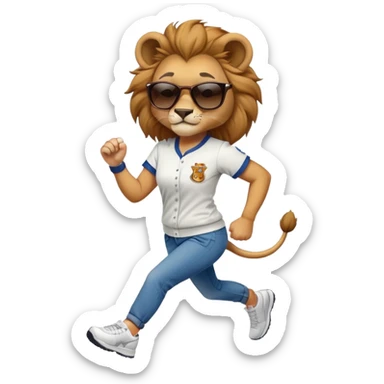 confident female lion jogging upright wearing baseball shirt, jeans, trainers, dark sunglasses, friendly expression sticker