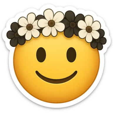 yellow face with white and black flower crown emoji, digital illustration, remove background sticker