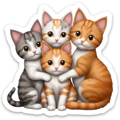 3 kittens cuddling together all different colours, the first one is grey and white, the second is ginger and white and the third is brown tabby and white sticker