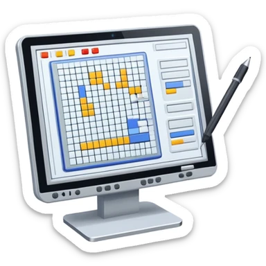 Emoji for Game Design: computer screen with Professional game interface, 3D models, pixel art, and design tools like grid, wireframe, and stylus. Symbolizes the technical and creative process of game development. Transparent background. sticker