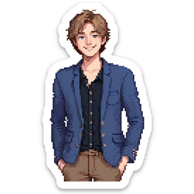 Flat pixel are, lively and clever male debater, fair skin, short messy light brown hair, sharp eyes with a mischievous smile, wearing indigo blazer over a casual t-shirt, one hand raised mid-gesture, waist-up, front-facing sticker