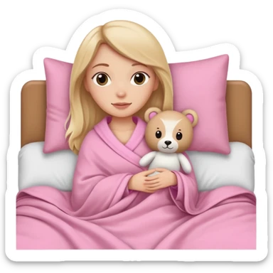 A white girl in the bed and the blanket is pink with plushies sticker