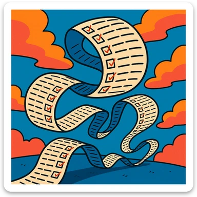 never-ending to-do list paper twisting and turning with exaggerated curves, filled with rows of tiny checkboxes, fading away in a vibrant cartoonish scene sticker