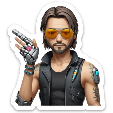 Jony Silverhand from Cyberpunk 2077, detailed, iconic look, sunglasses, cybernetic arm, grunge style sticker