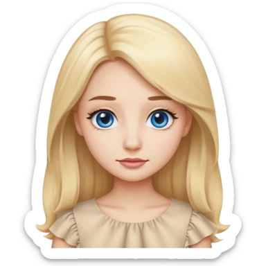 Emoji girl with small close-set blue eyes and eyeliner, long and straight eyebrows, long round nose, wide not full lips, long oval face shape, long blonde hair in cute ruffle beige top sticker