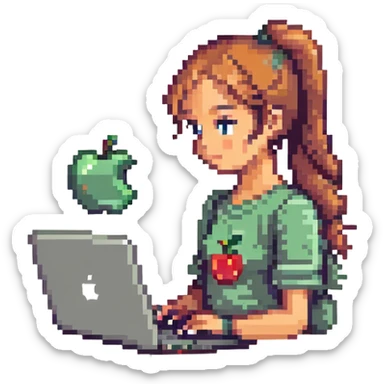 girl with ponytail using a laptop with an apple logo, simple background, pixel art style sticker