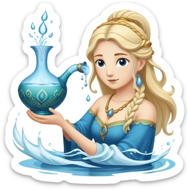 The zodiac symbol Aquarius. A mystical beautiful water bearer, pouring water into the sea from a large, intricate, and arcane vase sticker