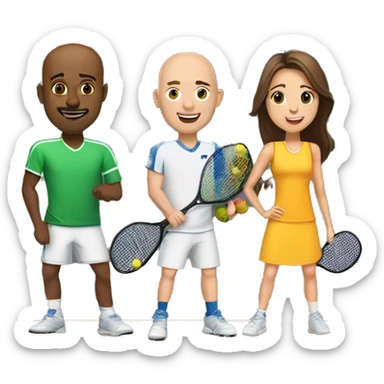 1 tall bald male, 1 shorter brown hair male, 1 girl with long brown hair, 1 girl  with brown hair all playing pickleball sticker