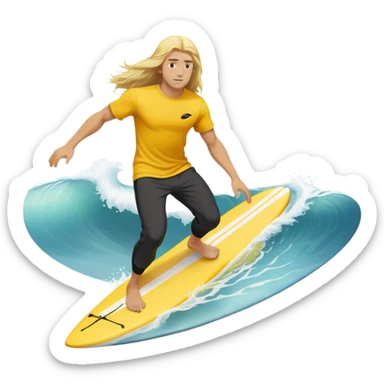 Man surfing on a yellow white board with long blond hair, yellow t-shirt with black Nike logo in center of chest, black baggy sweatpants. sticker