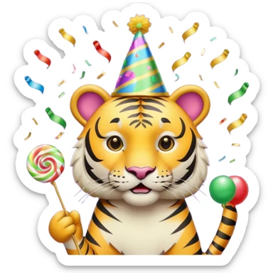 Party Tiger with a party hat and a party popper sticker