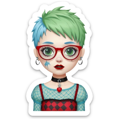 Ghoulia yelps monster high doll in scene/emo style cherry print dress with fishnet sleeves, clothes, thin, small, red, rectangle glasses, pale white-blue skin, pale-green shaggy pixie-cut , zombie scars , boy, punk choker sticker