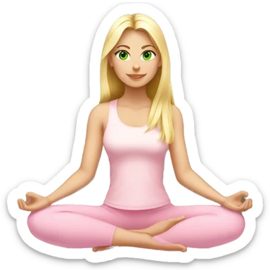 blonde long hair and green eyes yoga girl in light pink clothes sitting on a yoga mat sticker