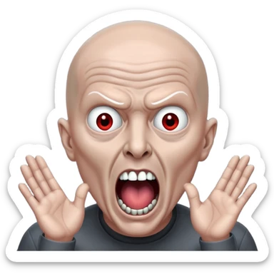 Rick Astley with bald grey head possessed by a demon because there is tons of fingers in front of his face and he has no pupils and his body and clothes are gray too and he has his mouth open and he only has 2 teeth and that is his middle lower teeth and the background is pitch black sticker