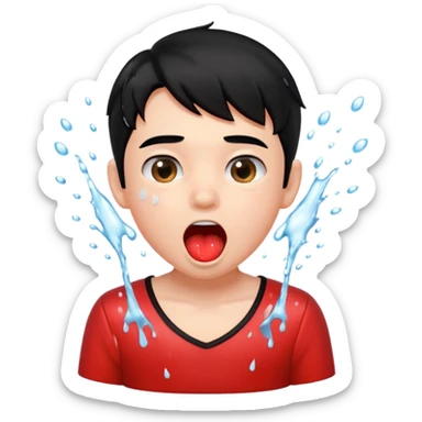 a peach splashing water in boy's mouth above his head with black hair and red dress sticker