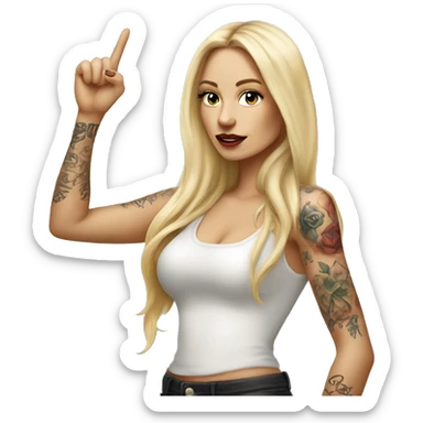 Blonde elegant women with LONG HAIR, her Body Covered with Tattoos, POINTING YOU FORWARD with her HAND with INDEX FINGER, Hyper realistic sticker