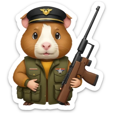 guinea pig wearing a military vest, holding a rifle sticker