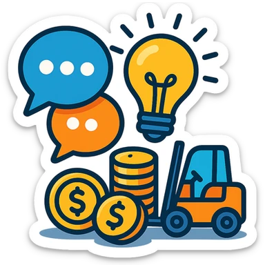 emoji representing a group of speech bubbles, a light bulb, gold coins, and a small forklift, all gathered in a joyful and expressive composition sticker