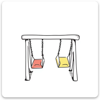Children's playground swing set with seats in pastel colors (dd9fb0, ffc6d3, a3bfc9, c4bee2, f1b091), hand-drawn doodle style sticker