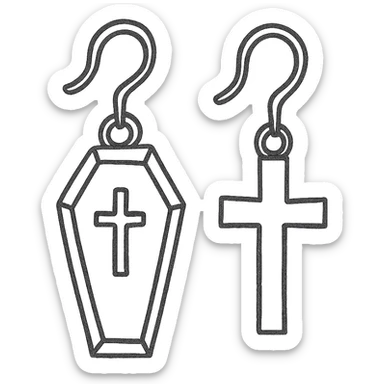 goth earrings, coffin and cross, mismatched pair, gothic symbolism sticker