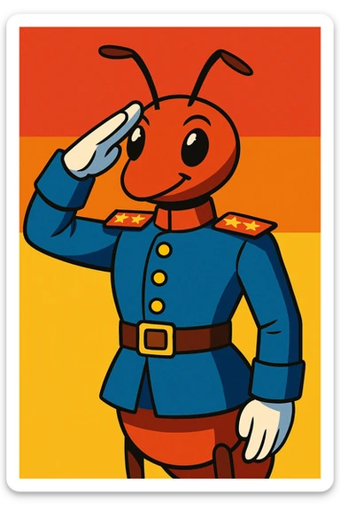 ant general in a crisp uniform, saluting, vibrant toon style sticker