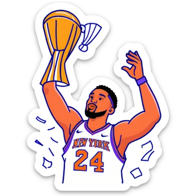 New York Knicks basketball player celebrating with NBA championship trophy, confetti, blue and orange sticker