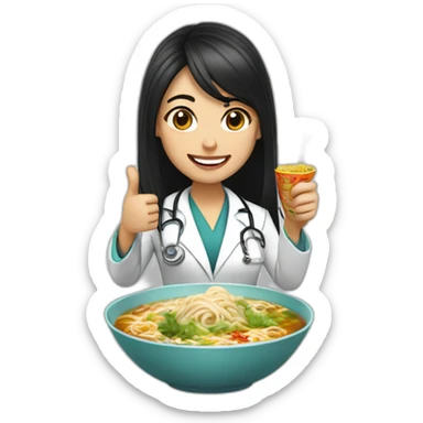 female doctor with long dark hair eating ramen bowl with thumbs up sticker