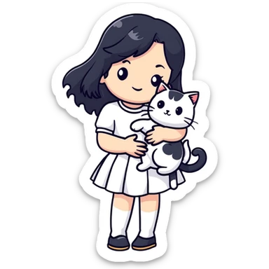A beautiful girl with long black hair wearing a white skirt holds a cute white cat in her arms sticker
