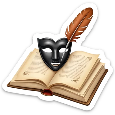 An icon featuring an open book with flowing pages, a feather quill, and classic literary symbols like a theater mask and inkwell. The design includes a subtle parchment background with faint text lines, symbolizing the study of literature. Transparent background emphasizes creativity and analysis. sticker