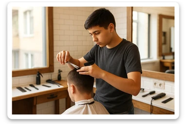 yuzi ko'rinmasin sartaroshxonada ishlayotganini tasvirlab ber mijozlarni sochini olayotganini o'smirin davrini sticker