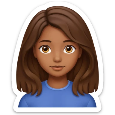 A girl with brown eyes and brown slightly wavy shoulder length hair and a center part sticker