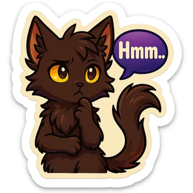 a dark-brown fluffy cute kawaii anthropomorphic furry anime cat-furry with tufted ears, golden eyes, and a long thin tufted tail, thinking, frowning thoughtfully, saying “Hmm..” with a purple speech bubble, (cartoon style) (cute anime style) (furry style) (deviantArt style) (artist style: Kamirah) sticker