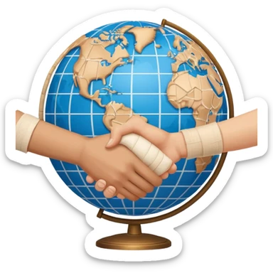 instead of two hands holding a globe, we have two hands handshaking in front of a globe. And in the background, we can see that the globe has a bandage or something.  sticker