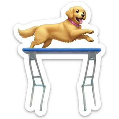 Golden retriever in a bathing suit diving off a platform sticker