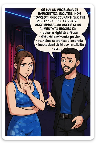 TRASFORMA QUESTO CAROSELLO IN UN FUMETTO STILE WEBTOON/MANGA A COLORI CON QUESTE DUE PERSONE IDENTICHE CHE INTERLOQUISCONO TRA LORO, L'uomo sta spiegando alla donna questo concetto MENTRE LA DONNA SI TIENE L'INDICE SUL MENTO ASCOLTANDOLO PENSIEROSA:

Se hai un problema di baricentro, inoltre, non dovresti preoccuparti solo del reflusso e del gonfiore addominale, ma anche di un aumentato rischio di:
    • dolori e rigidità diffuse
    • disturbi pavimento pelvico
    • stanchezza cronica o insonnia
    • inestetismi visibili, come celluluite
    • etc… sticker
