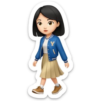 black color long hair girl with varsity jacket and long skirt walking  sticker
