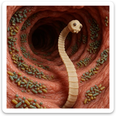 a medical illustration of a human realistic gut with bacteria and parasyte (tenia) realistic 4k real   sticker