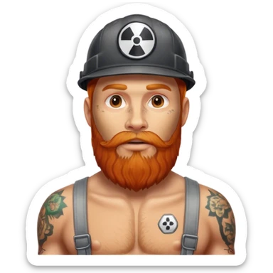 Long Ginger brown bearded man with tattoos and cap nuclear worker  sticker