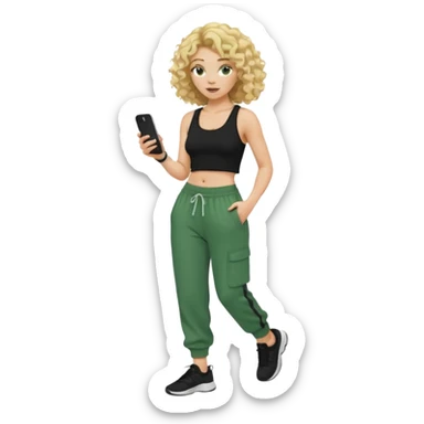 A white curly with curly blonde hair wearing a black crop top and baggy green sweatpants walking holding her tan i phone sticker