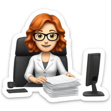 red hair woman nutritionist wearing glasses desk monitor stack paper sticker
