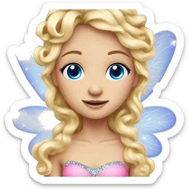 Create a blonde haired fairy with blue eyes and a pink dress with sparkly wings. The fairy has long, curly hair with a lot of volume sticker