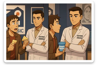 fai un webtoon manga a colori con questo stile, in cui un uomo fa una domanda al kinesiologo con il camice bianco (fagli anche la scritta "ANTONIO ANANIA" SUL CAMICE, l'uomo chiede una cosa mostrando un formaggio e uno yogurt al kinesiologo con il camice, IL KINESIOLOGO annuisce e SPIEGA ALL'UOMO UNA cos. L'UOMO ha un ESPRESSIONE CONFUSA IN VOLTO. non fare i fumetti però, fai solo in modo che sembri stiano parlando sticker