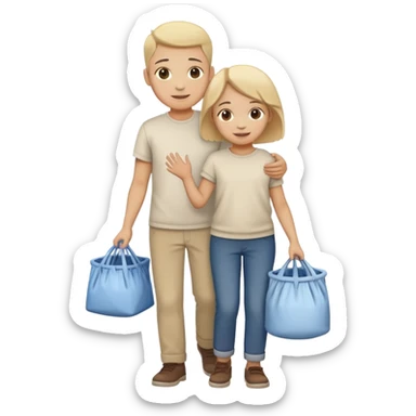 child carrying laundry with a parent, happy and responsible sticker