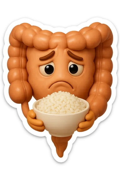 emoji stile iphone 3d di un intestino che guarda una bowl di riso che ha in mano con espressione triste, iperealistico 4k sticker