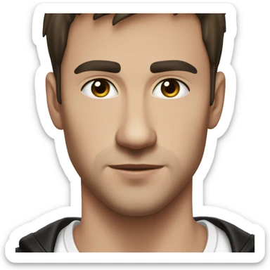 young adult guy wearig black jacket and white t-shirt under it. he has dark brown short hair and metal chain-necklase on his neck sticker