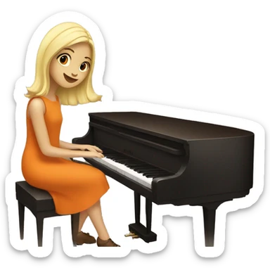 Blonde girl wearing an orange dress playing a brown upright piano sticker