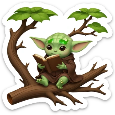 Baby Yoda con su tunica chocolate leyendo en un bosque sentado en una rama caida de un arbol sticker