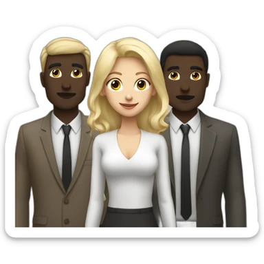 six dark-skinned men stand behind a pale blonde woman sticker