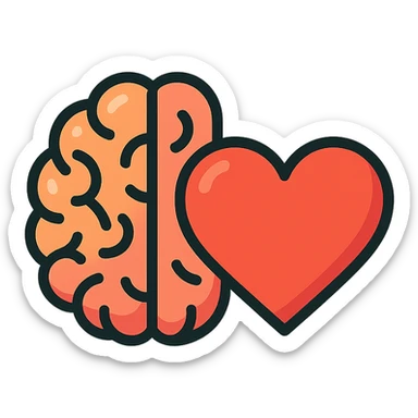 brain and heart together icon, clear outlines, strong shadows and highlights, psychosomatics and psychology theme, fun and not too complex sticker