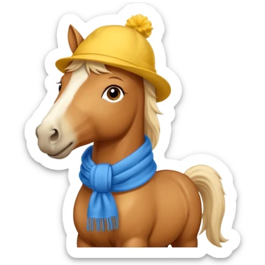 a fabulous funny winter horse in a yellow hat with a blue scarf sticker