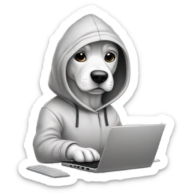 Dog wearing hoodie typing in keyboard. Line drawing sticker